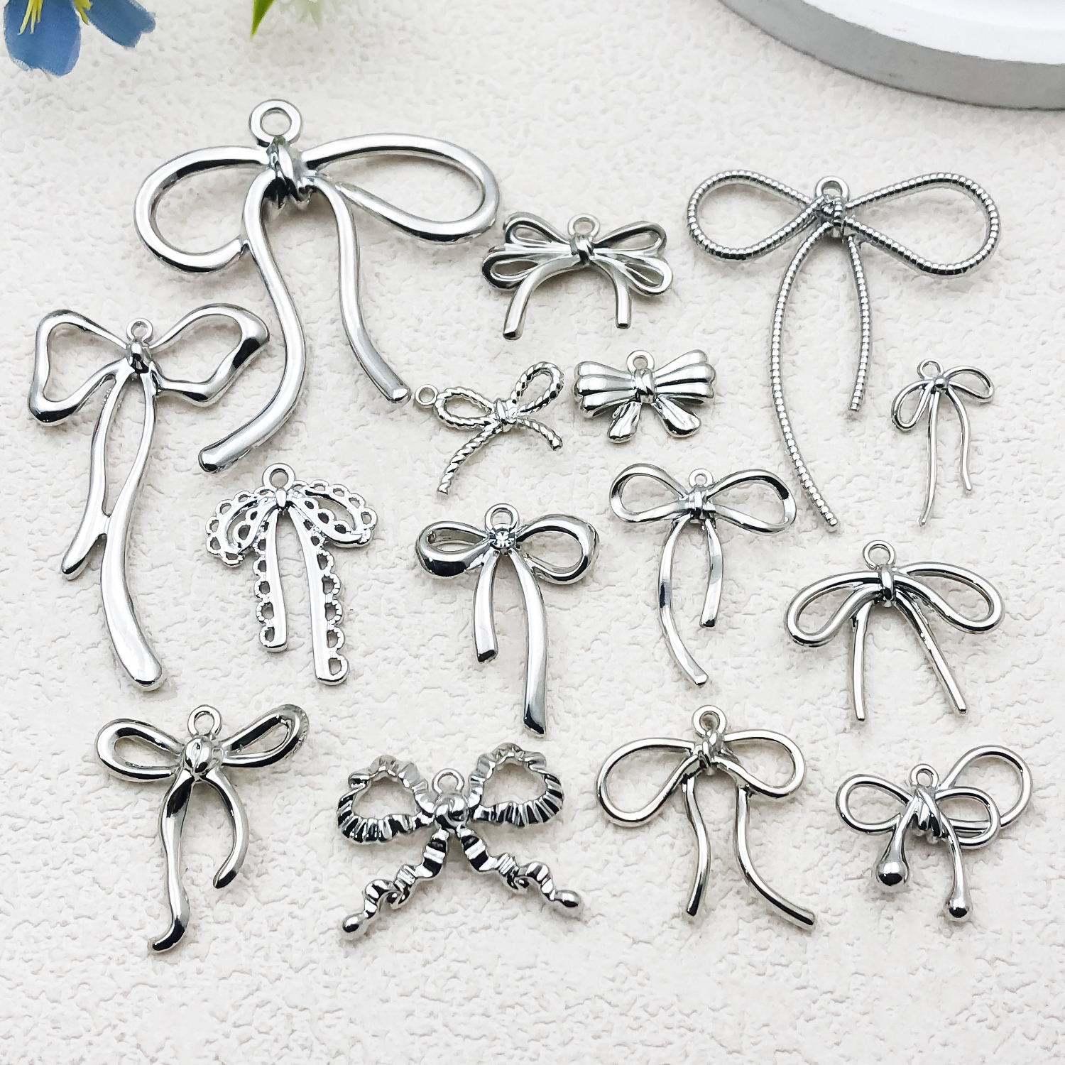 Charm Necklace Dainty - Pink Enameled Alloy Bow Charms, Sweet