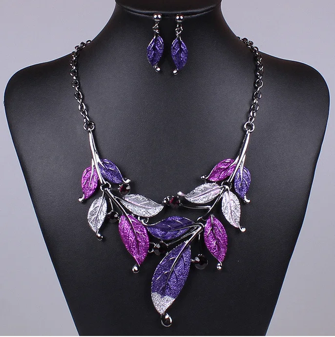 Green Purple Black Leaf Neckla - Women Accessories Gift Set บทวิจารณ์และราคา